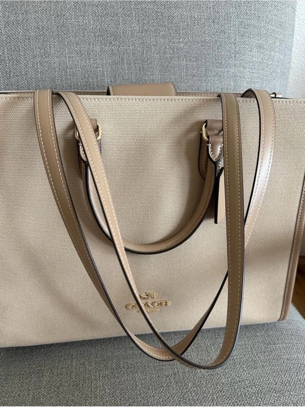 Coach Beige Canvas Tote with Tan Leather Trim and Gold Hardware